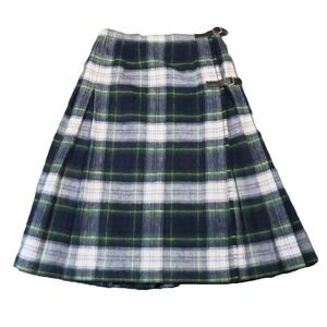 Mosbrook Wool Plaid Kilt Skirt 12 Blue Green Tartan Pleated Wrap Vintage Preppy